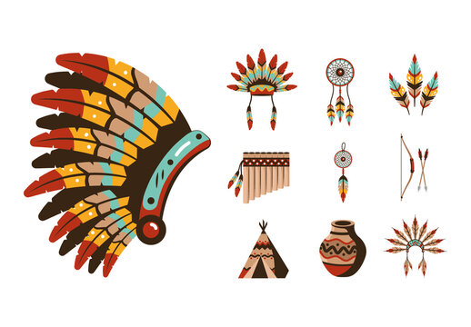 Colorful Indigenous Tribal Ethnic Culture Symbols Illustrations Set