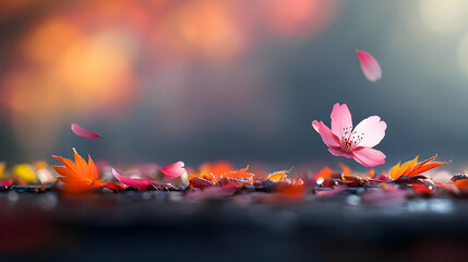 Pink Cherry Blossoms and Autumn Leaves