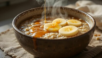 Hot oatmeal bowl with sliced banana and maple syrup swirl, natural morning lighting, steam rising.