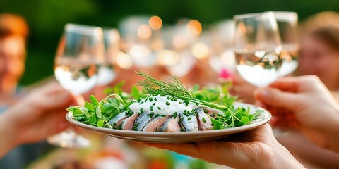 Waiter serving traditional Swedish pickled herring with cream and chives on fresh greens, while friends and family toast with wine during a festive Midsummer celebration.