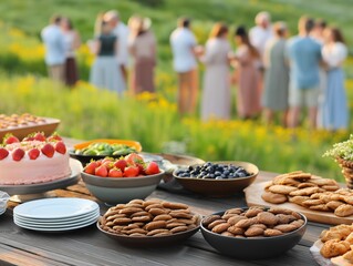Outdoor dessert table adorned with strawberries, blueberries, cookies, and a pink cake, set for a Midsummer celebration in Sweden, with blurred guests enjoying the festivities.