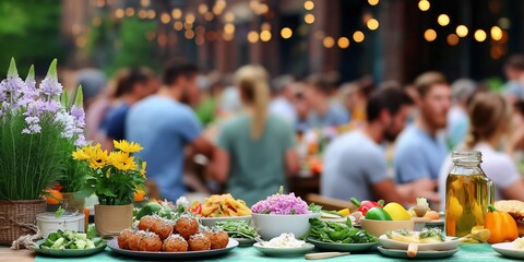 Long table adorned with traditional Swedish food and flowers creates a festive atmosphere for Midsummer celebration. With friends and family enjoying the warm summer evening in a blurred background.