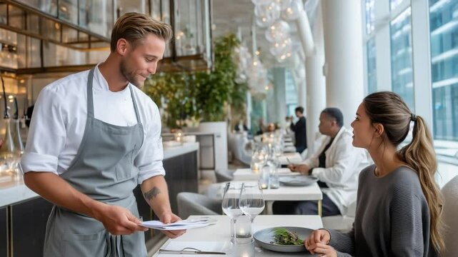 Chef explaining menu to woman in modern restaurant
