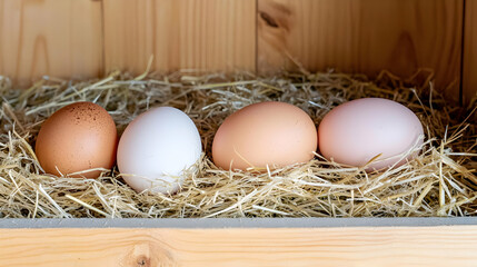 Four Eggs In Wooden Box With Hay