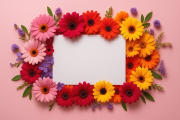 Obraz premium white blank card with floral border of red, yellow, and purple flowers.