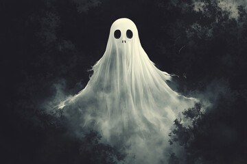 white 3d ghost silhouette floating in the center of a forest background