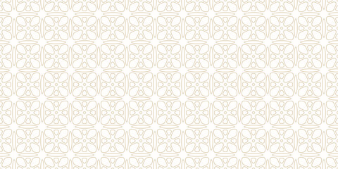 Subtle gold and white minimal seamless pattern. Golden elegant outline vector geometric floral ornament. Abstract background texture with flower silhouettes, leaves, thin lines. Repeated linear design
