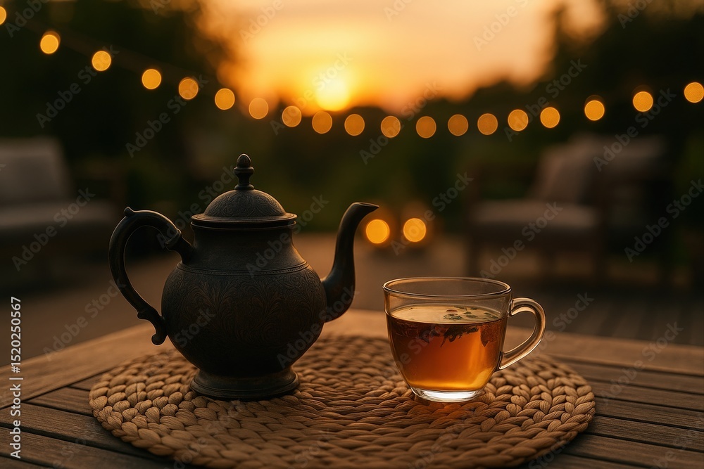 Poster teapot and cup of teon table under string lights during sunset.