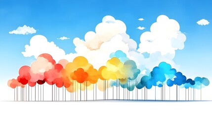 Colorful, stylized treetops forming a rainbow gradient under a bright blue sky with fluffy white clouds