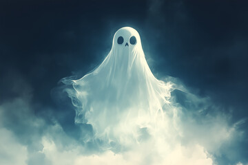 Foggy white ghost in a sheet on a blue background with no additional items, Halloween-themed background