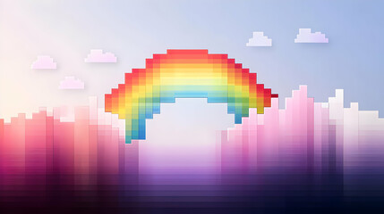 Pixelated Rainbow Over Pastel Cityscape