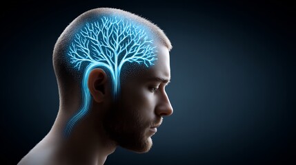 Fototapeta premium 29 year old male post hair transplant with a blueprint style 3D overlay showing glowing depiction of transplanted follicular units