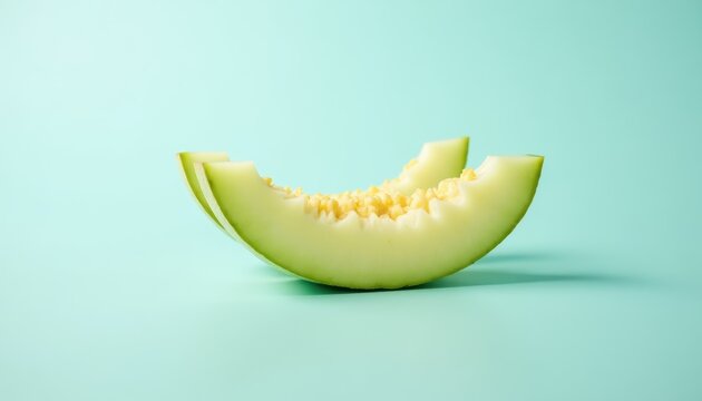 Melon slice on pale blue background, side view