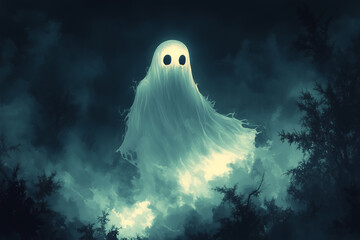 white 3d ghost silhouette floating in the center of a forest background