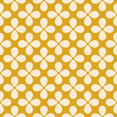 Abstract funky vector seamless pattern. Simple floral ornament with bold flower silhouettes, leaves. Cute yellow and beige texture. Retro nostalgic old-fashioned groovy background. Repeated design