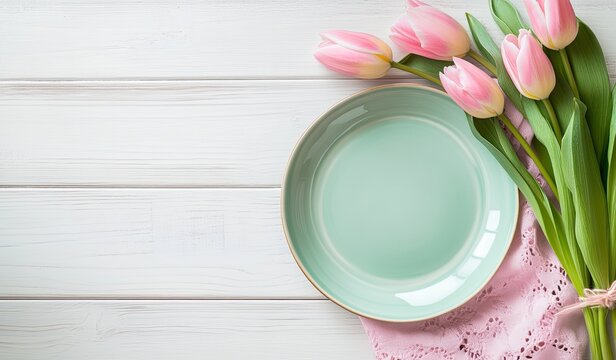 Pastel pink tulips and mint green plate on a light wood surface - Powered by Adobe