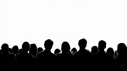 Black silhouettes of people form diverse crowd against clean white background. Minimalistic style emphasizes unity, anonymity, and social presence