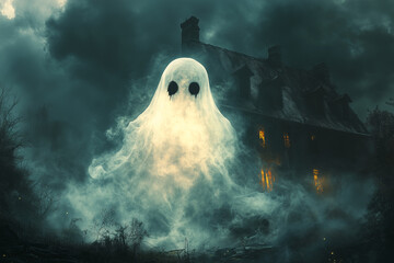 a scary white ghost outside an old abandoned haunted house