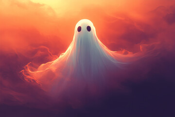 a white ghost in a sheet against a full glowing moon as a glow behind him