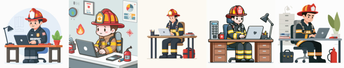 firefighter character vector playing laptop