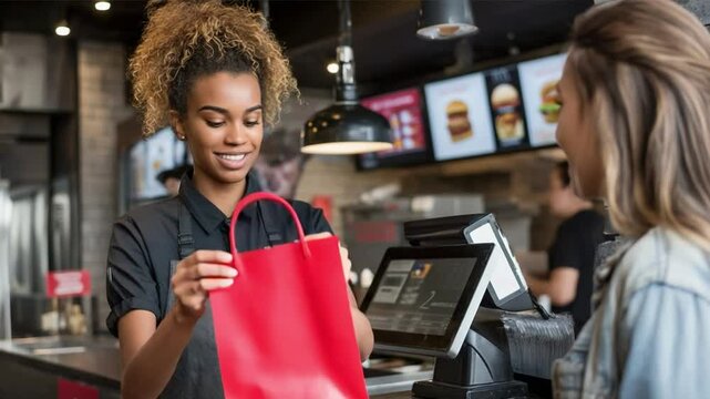 Cashier giving red bag to customer in fast food restaurant