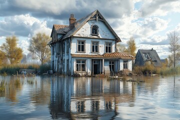 Obraz premium Abandoned House Reflects Water Damage in Flooded Rural Landscape - Haunting Beauty of Rustically Weathered Architecture