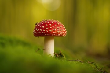 red mushroom with white spots on top of green moss in forest.