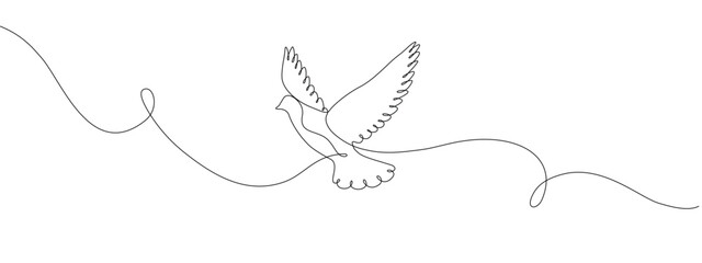   One continuous line drawing of a flying white dove. Symbol of peace, hope and freedom. Single line editable vector drawing