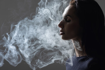 Moody portrait of a woman surrounded by thick white smoke with her eyes closed in calm...