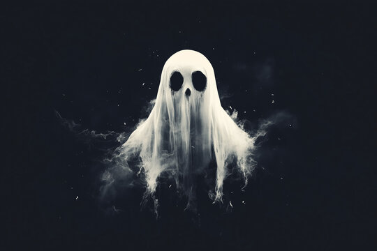 White realistic ghost in a sheet on a clean black background or empty stage. Minimalistic Halloween design
