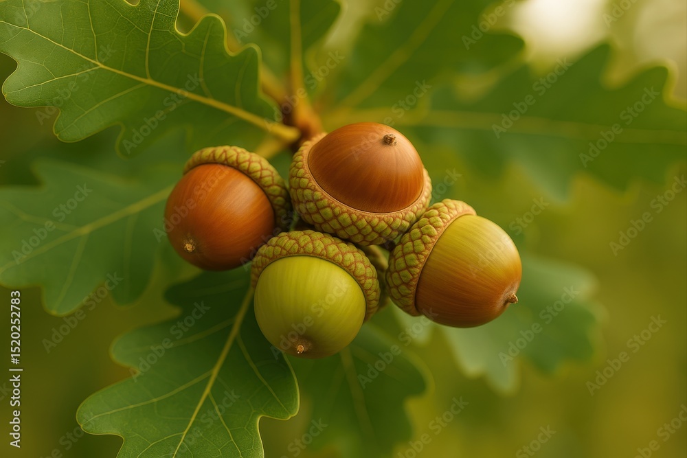 Poster cluster of brown nuts on green tree branch.