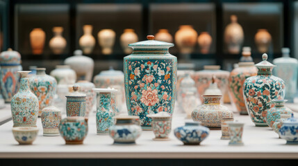 Ceramic vessel collection display, featuring multiple decorative pieces with intricate floral pattern, showcase of artistry, and cultural heritage