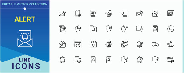 Alert icon set. Contains related to jingle, reminder, alarm, information, ring and more. Notification icon set. Outline icons collection. Pixel perfect. Editable vector.