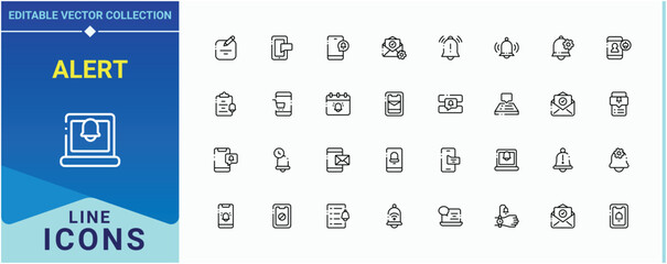 Alert linear icon set. Contain linear sign doorbell, jingle, reminder, bell, alarm and more. Notification icon set. Outline icons in linear style. Pixel perfect. Editable stroke.