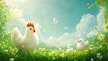 Birds including a white chicken and rooster on grass with a sky background