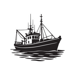 A black and white illustration of a fishing trawler at sea