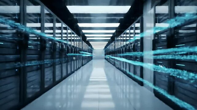 A futuristic animation of a high-tech server room corridor with glowing data servers behind sleek glass panels.