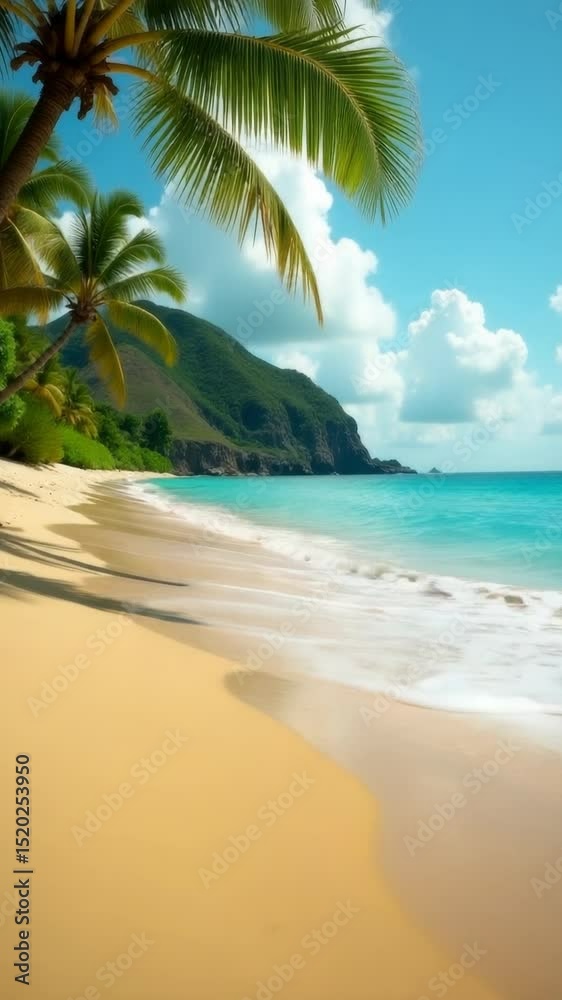 Poster a serene and peaceful scene of a sandy beach lined with palm trees, perfect for relaxation or as a b