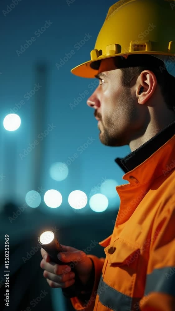 Poster a worker in a safety helmet holds a flashlight for illumination, possibly in a dark or confined spac
