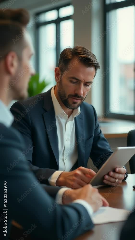 Poster two individuals examining a digital device, possibly reviewing data or making decisions