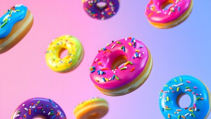 Fototapeta premium Floating Neon-Colored Donuts with Whimsical Sprinkles on Pastel Background – Playful Artistic Food Concept with Bright Electric Blue, Pink, Yellow, and Purple Icing, Dynamic Lighting, Fun Dessert Art 