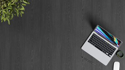 Top view of office table with notebook - mockup