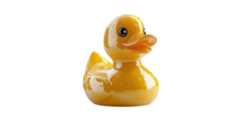 Yellow Rubber Duck With Water Droplets. Bath Time Fun And Child'S Play Icon Isolated On Transparent Background