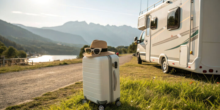Rv camping trip with suitcase, hat, and sunglasses in scenic mountain landscape for outdoor adventure - Powered by Adobe
