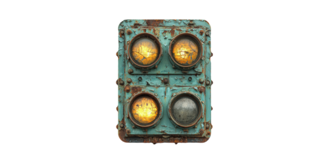 Vintage Industrial Control Panel With Rusted Lights. Retro Technology And Aesthetic Appeal Isolated On Transparent Background