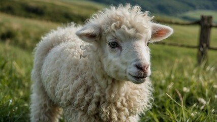 Fluffy white lamb standing in a green meadow on a sunny day  