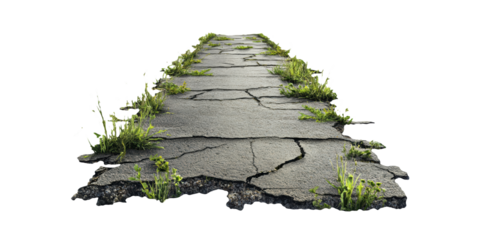 Cracked Asphalt Road With Grass Growing Through. Nature Reclaiming Urban Spaces Isolated On Transparent Background