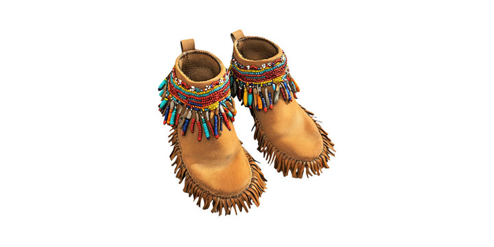 Beaded Leather Moccasins With Fringe Detailing. Traditional Craftsmanship And Cultural Fashion Isolated On Transparent Background - Powered by Adobe