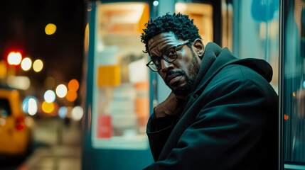 Obraz premium City Night Portrait: Man in thought with glasses and coat at outdoor location.