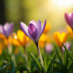 Primer plano de flores crocus azafrán de color púrpura y amarillo en un jardín primaveral, iluminadas por una luz de sol cálida y suave